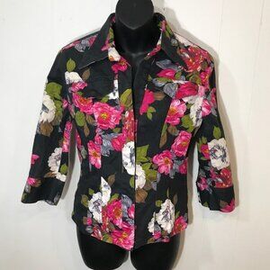 San Reno Vintage Black and Pink Floral Jean Jacket Small